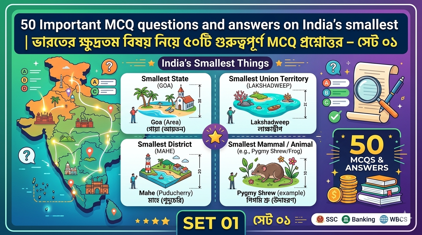 ভারতের ক্ষুদ্রতম বিষয় নিয়ে ৫০টি গুরুত্বপূর্ণ MCQ প্রশ্নোত্তর – সেট ০১